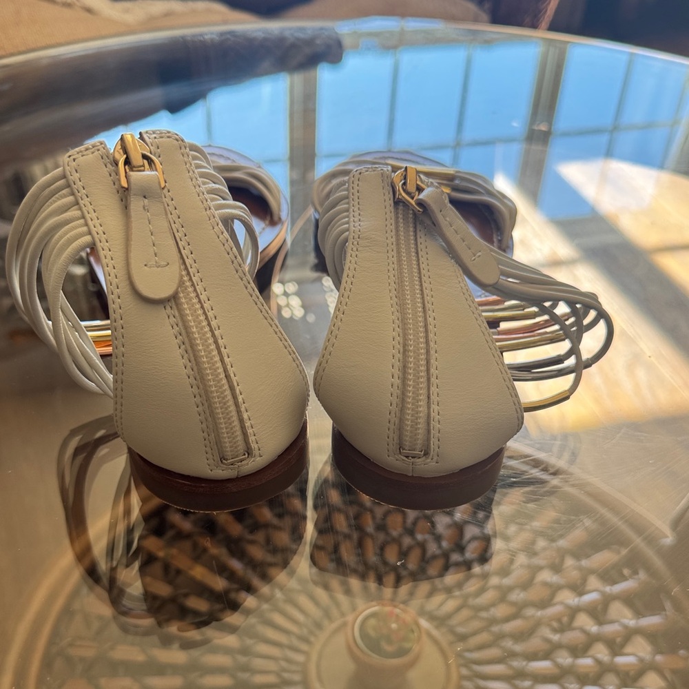Tory Burch White Leather Ankle-Wrap Flat Sandals with Gold & Silver Accents - Picture 3 of 6